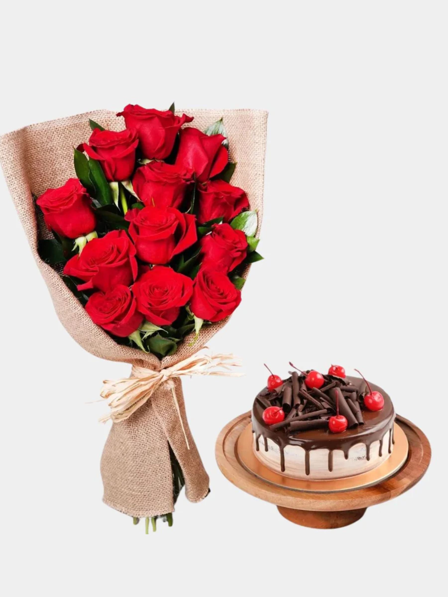 12 Red Roses Bouquet And Black Forest Cake
