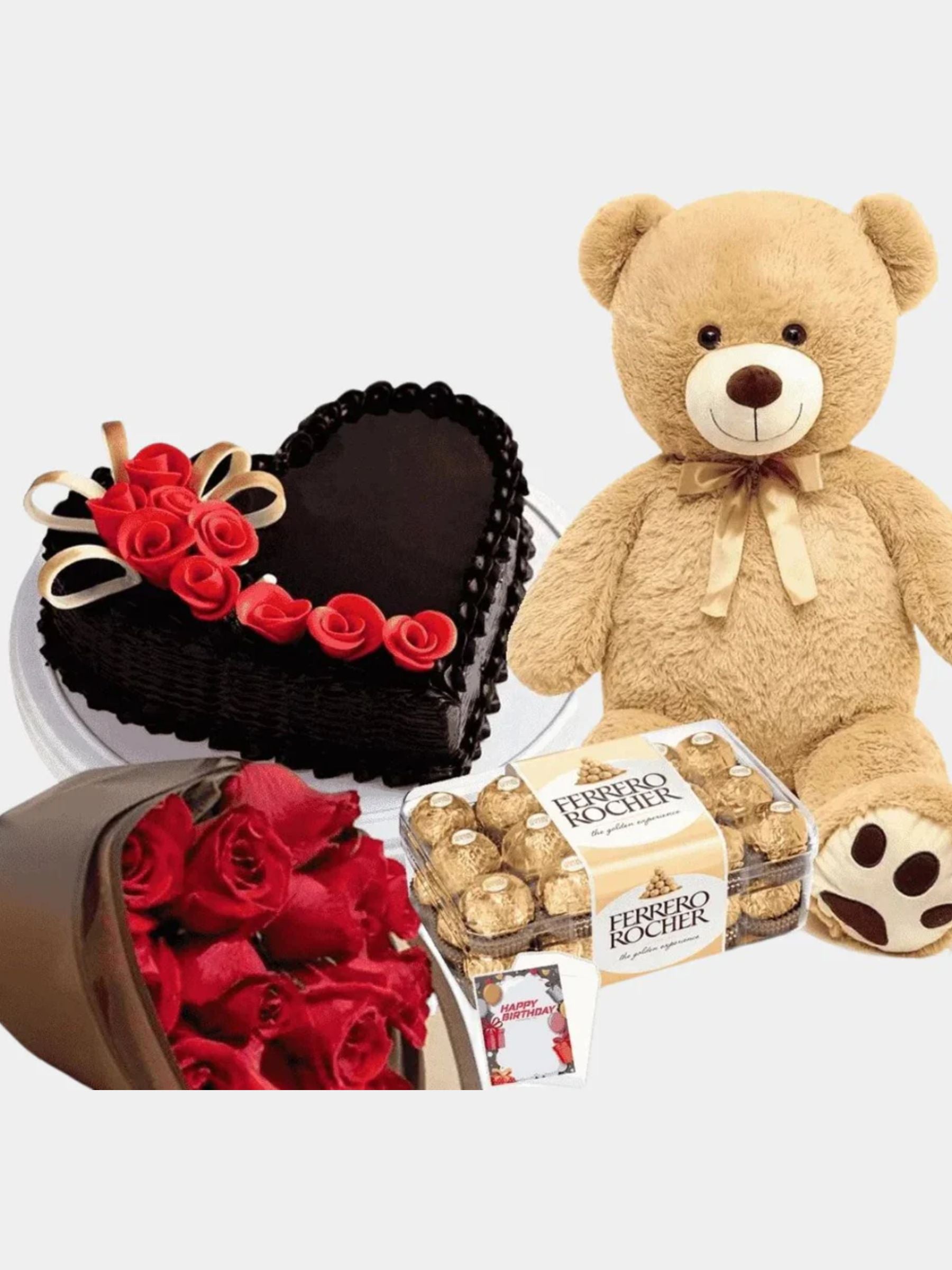 Perfect Gift – Heart Chocolate Cake with Rose Bouquet, Teddy & Ferrero Chocolate