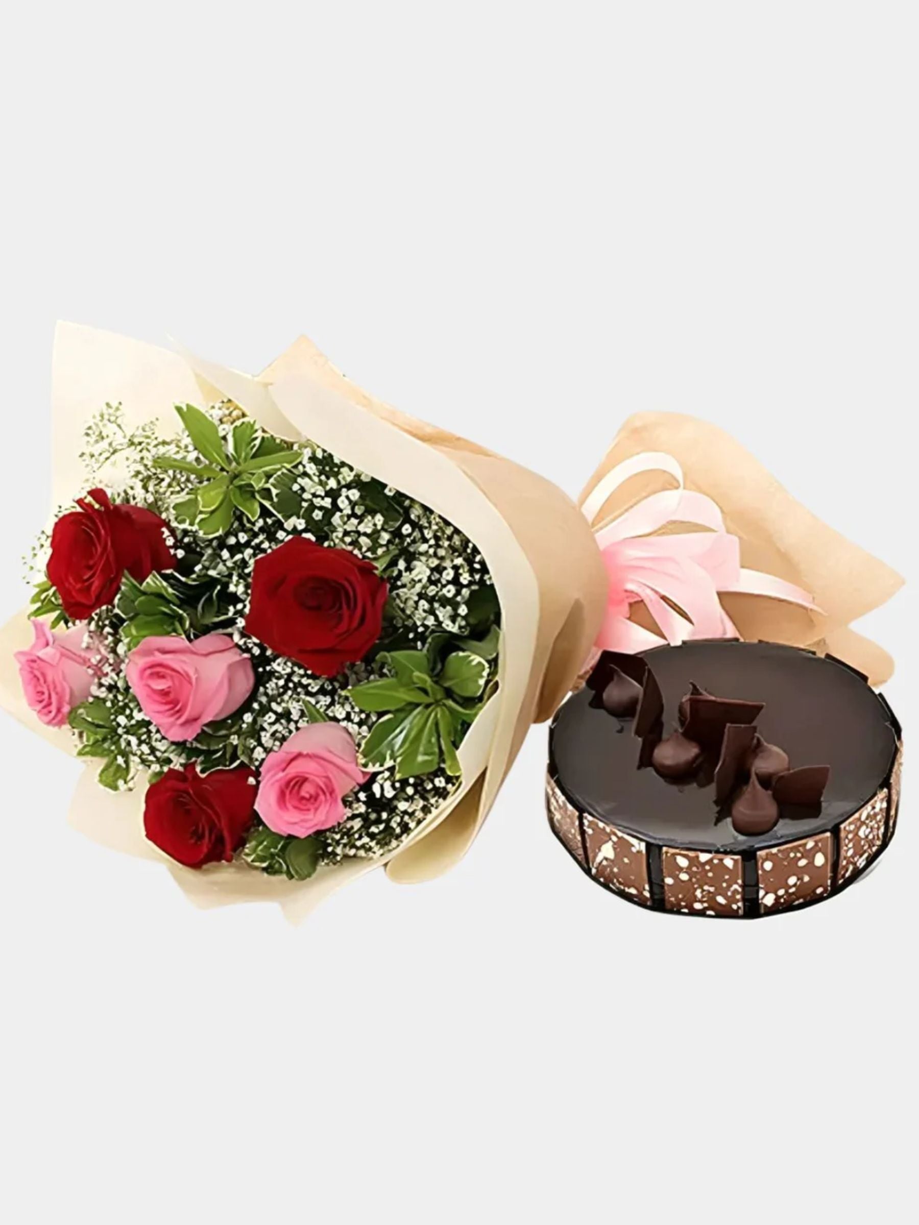 Beautiful Roses Bouquet With Round Chocolate Cake