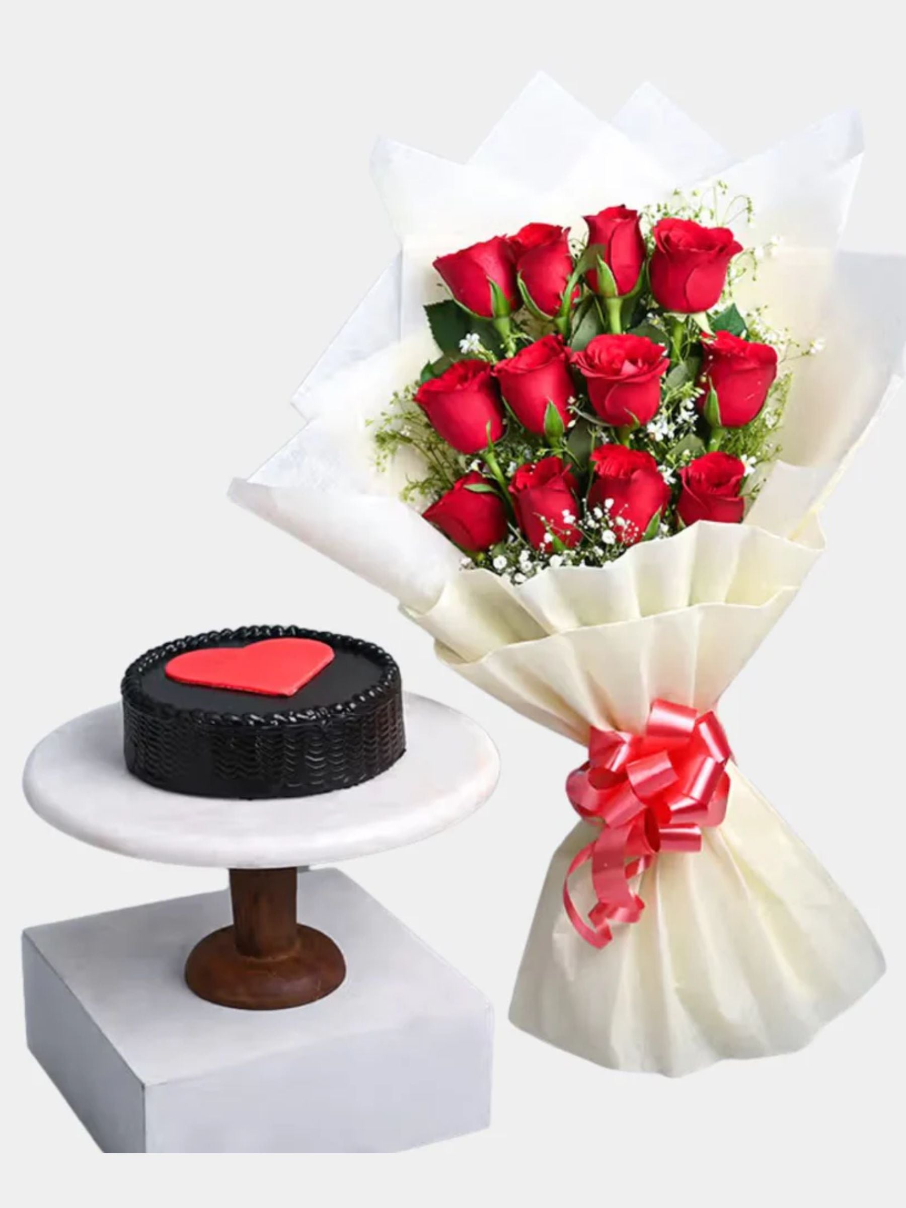 Red Roses and Red Heart Cake