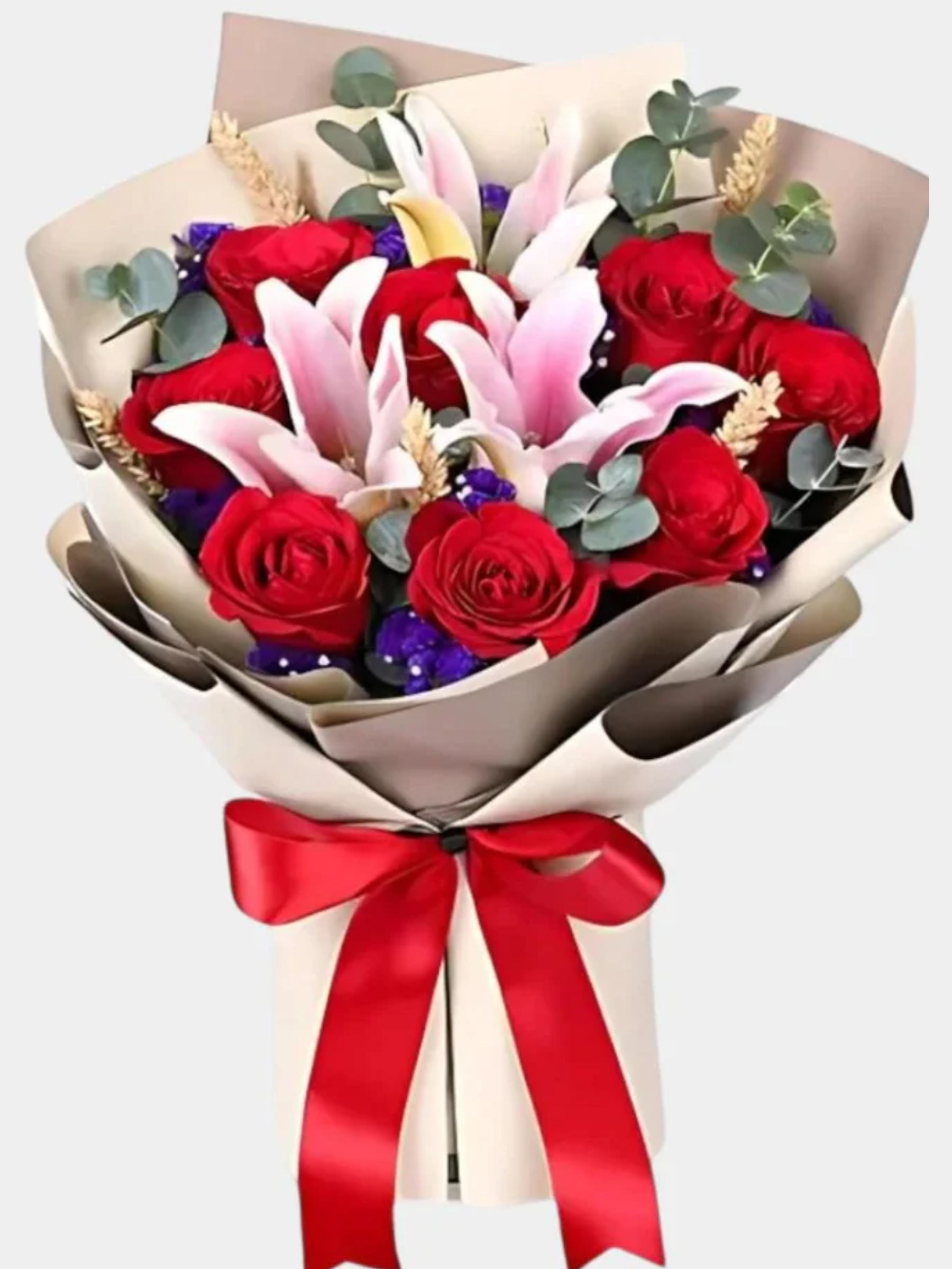 Romantic Red Roses and Lilies Bouquet Elegantly Wrapped
