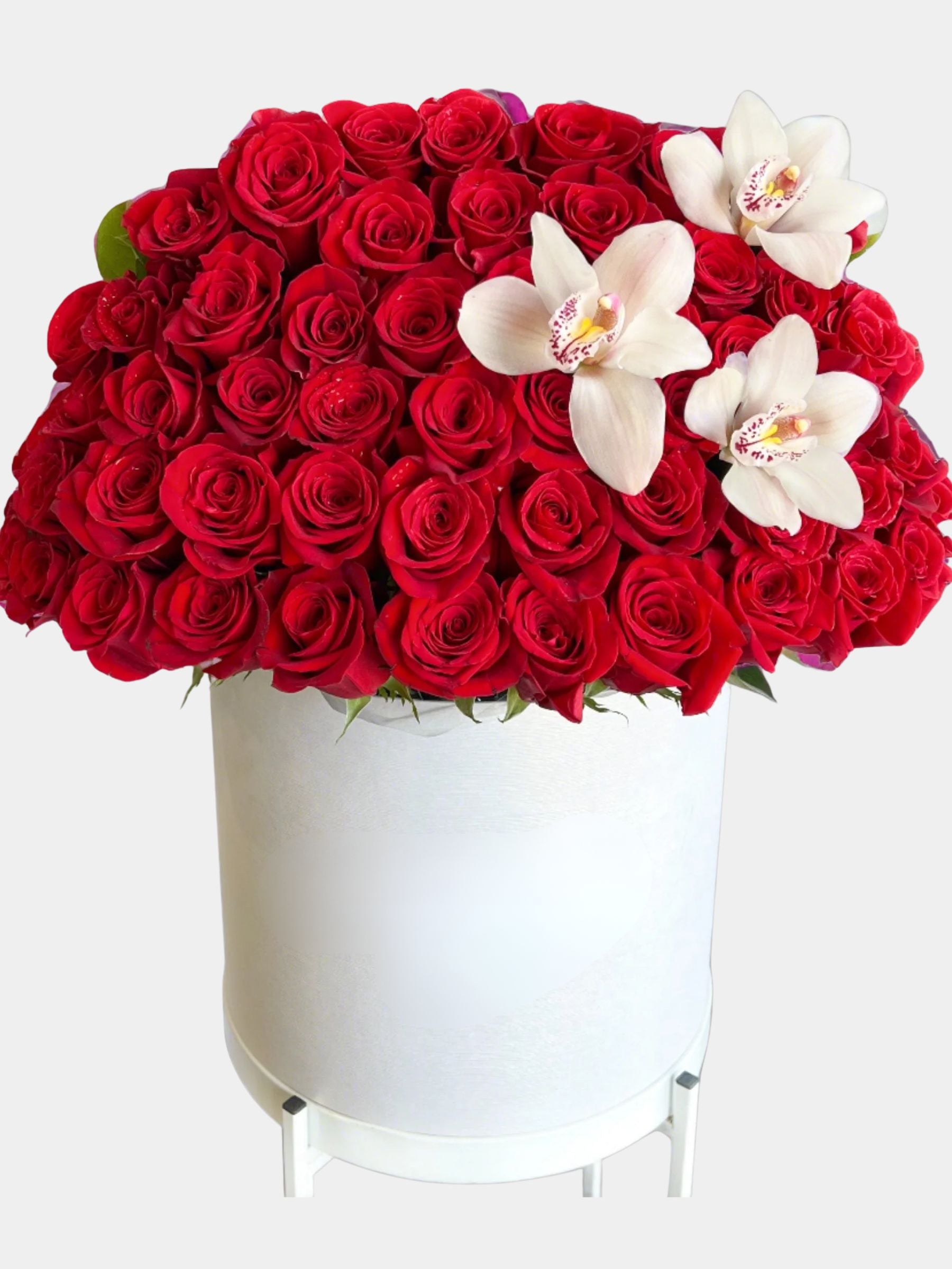 100 Classic Red Rose with Orchids Flower Box