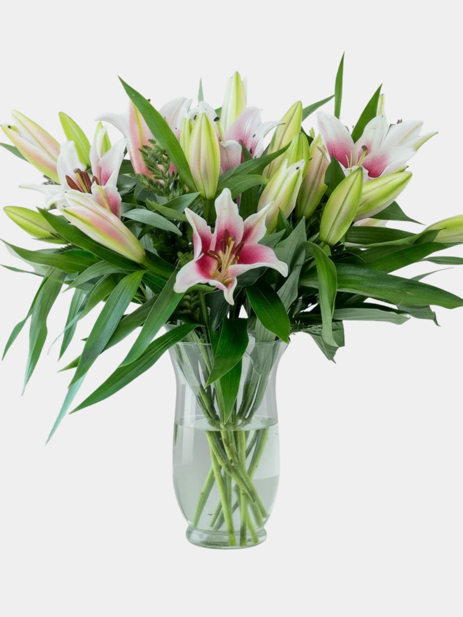 10 Pink Lilies in Glass Vase