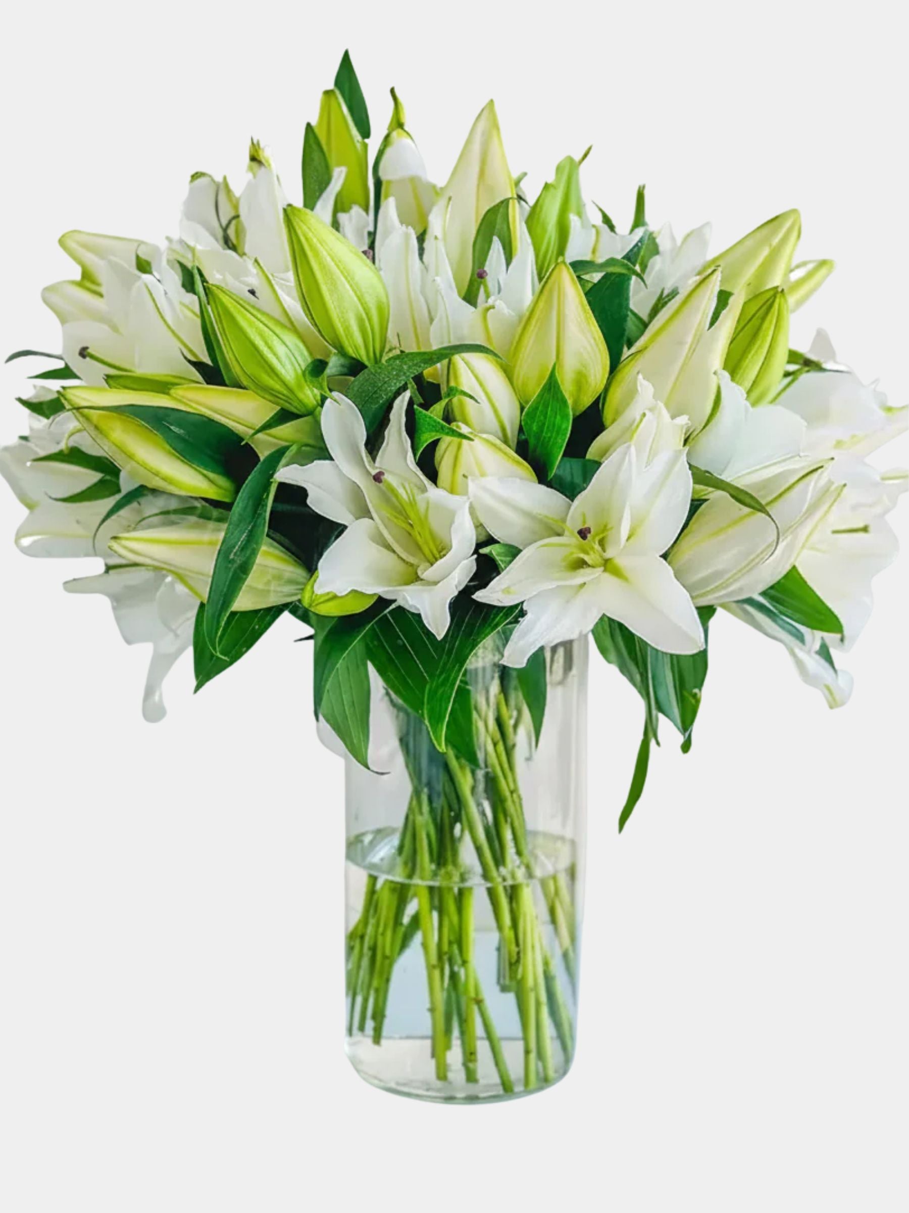 10 White Lilies in Glass Vase