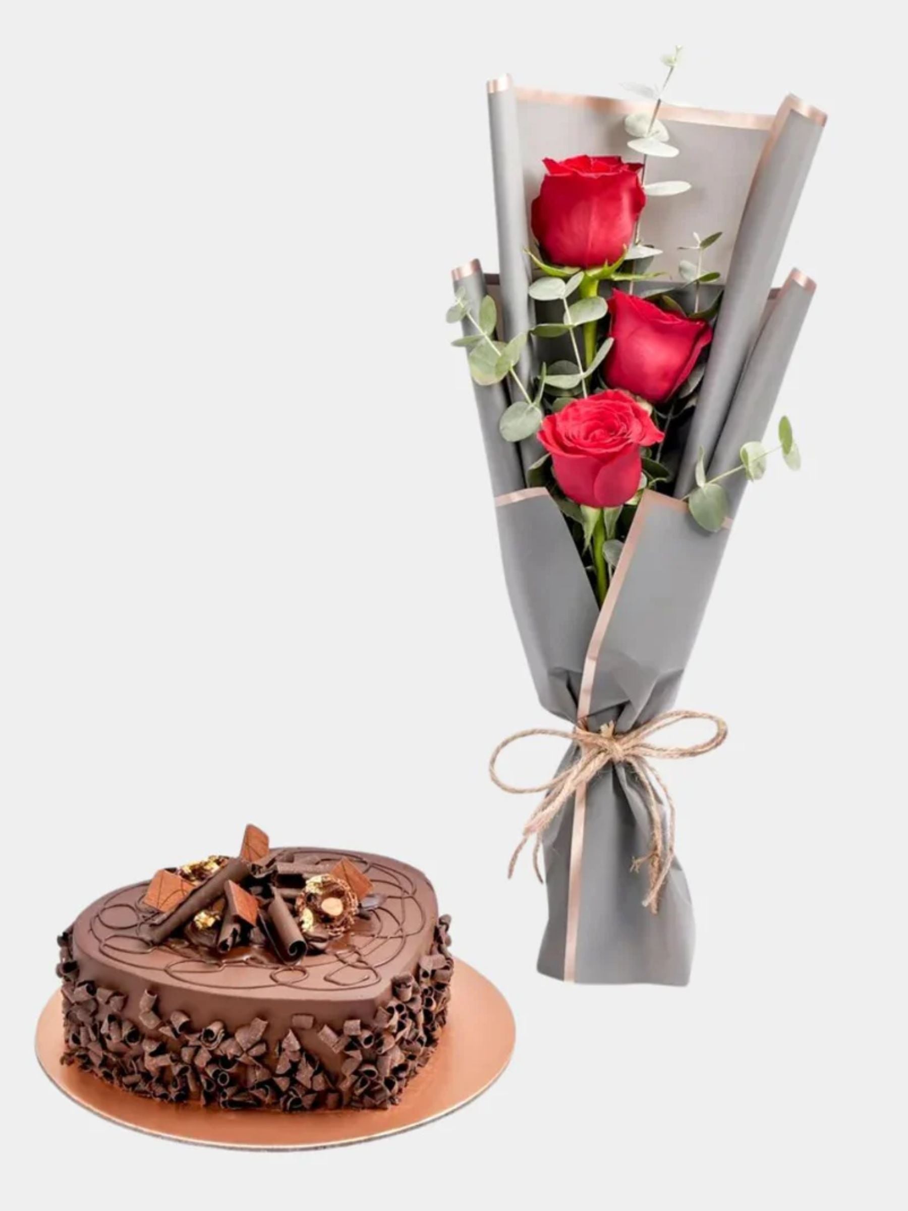 3 Red Roses Bouquet And Chocolate Cake