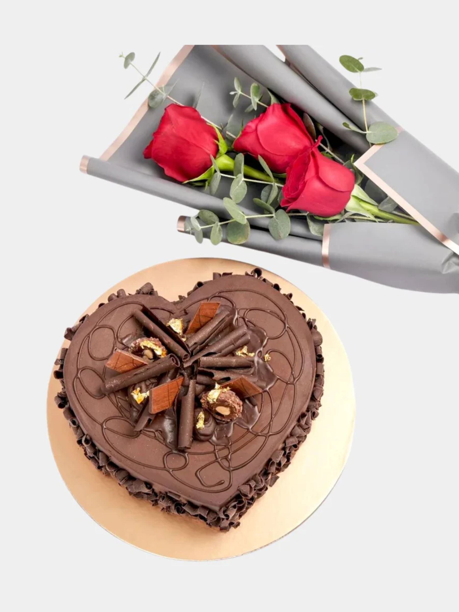 3 Red Roses Bouquet And Chocolate Cake