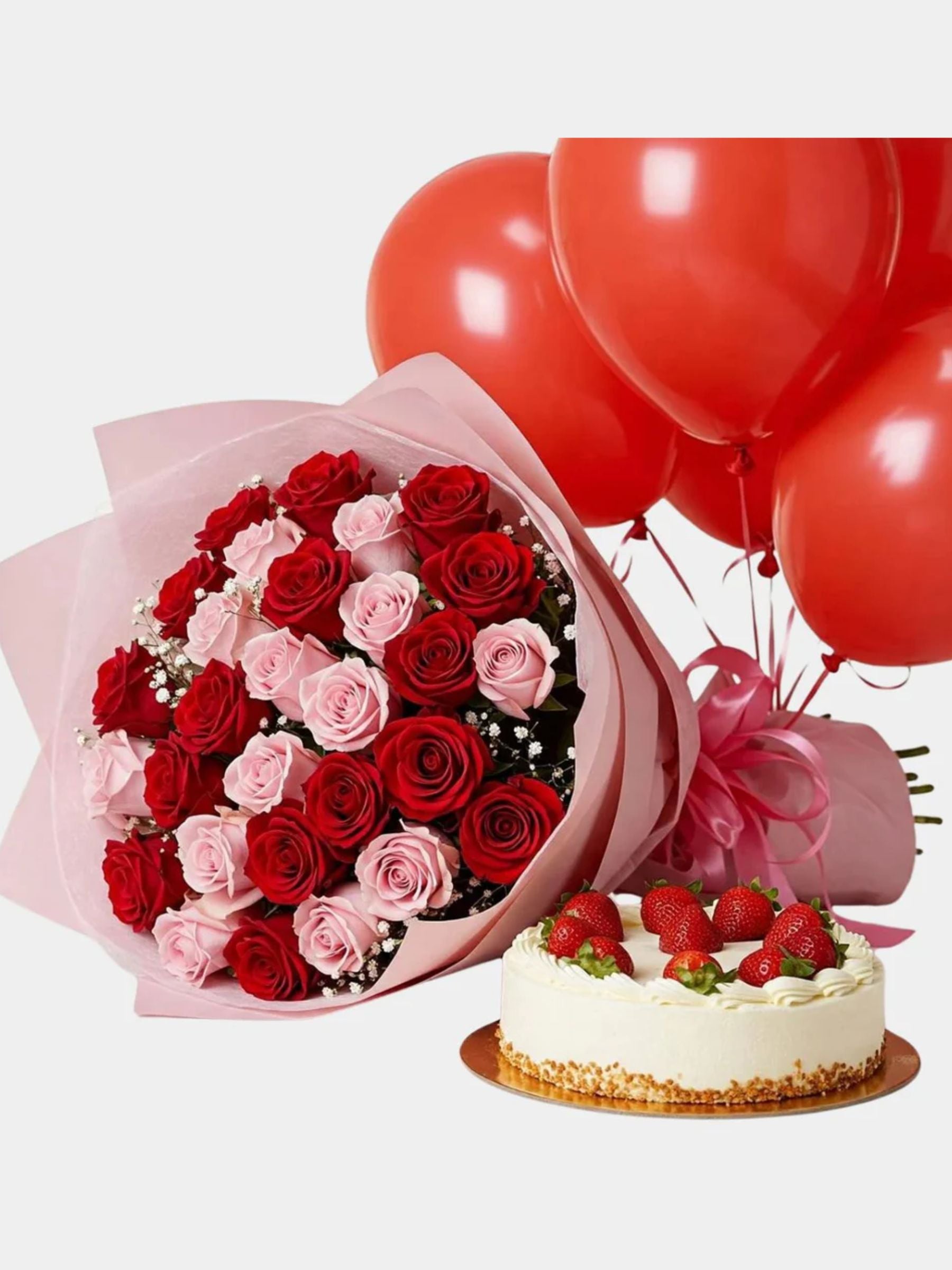 Blushing Celebration Combo – Roses, Cake & Balloons Gift Set