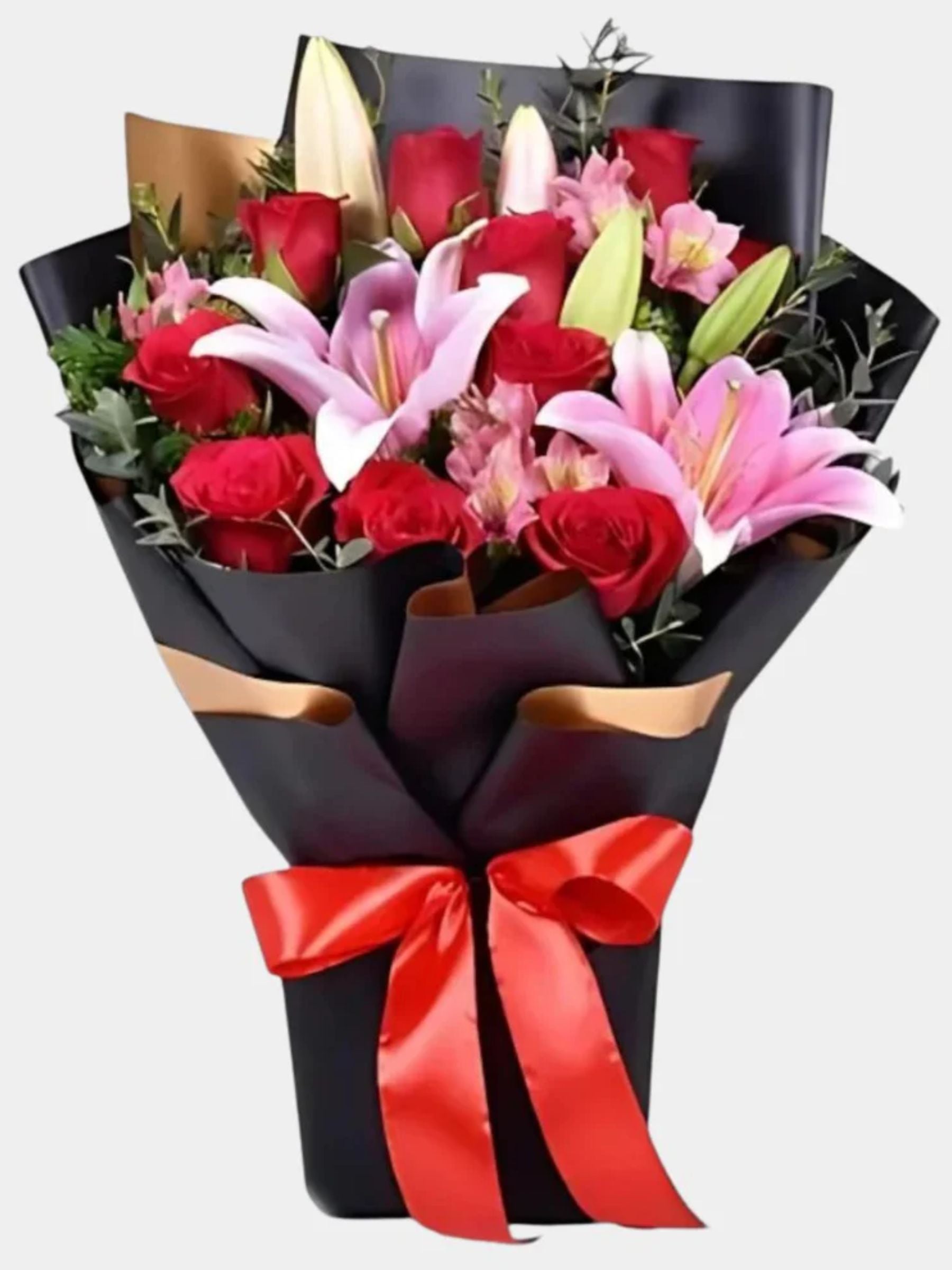 Luxury Red Roses and Pink Lilies in Black Wrap