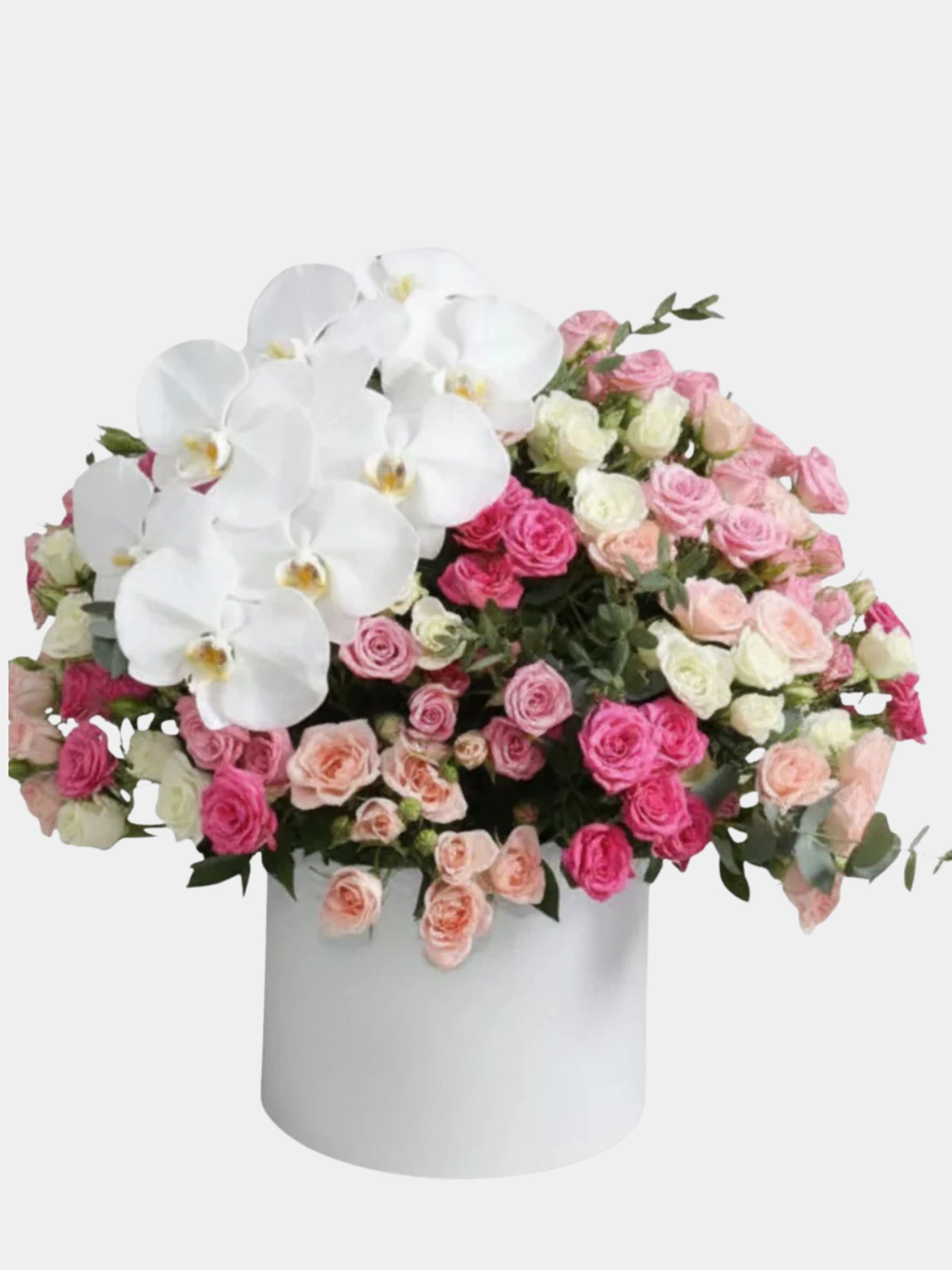 Mixed Pink Roses & White Orchids Flower Box