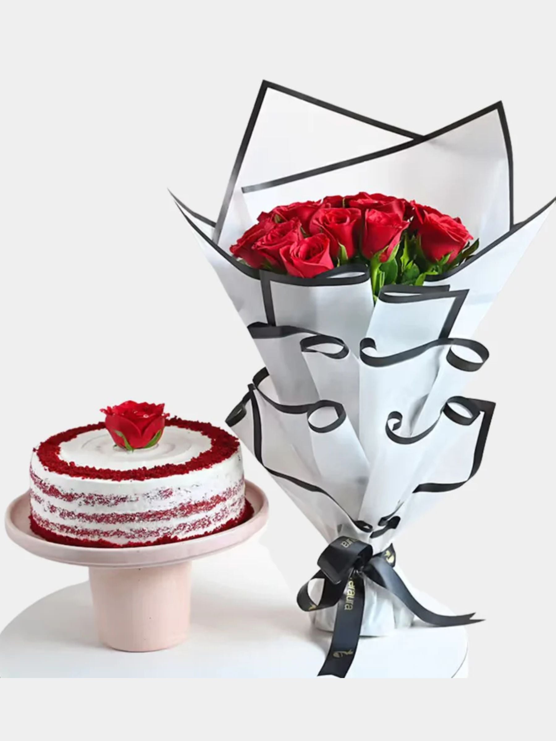 Red Roses With Delicious Red Velvet Cake