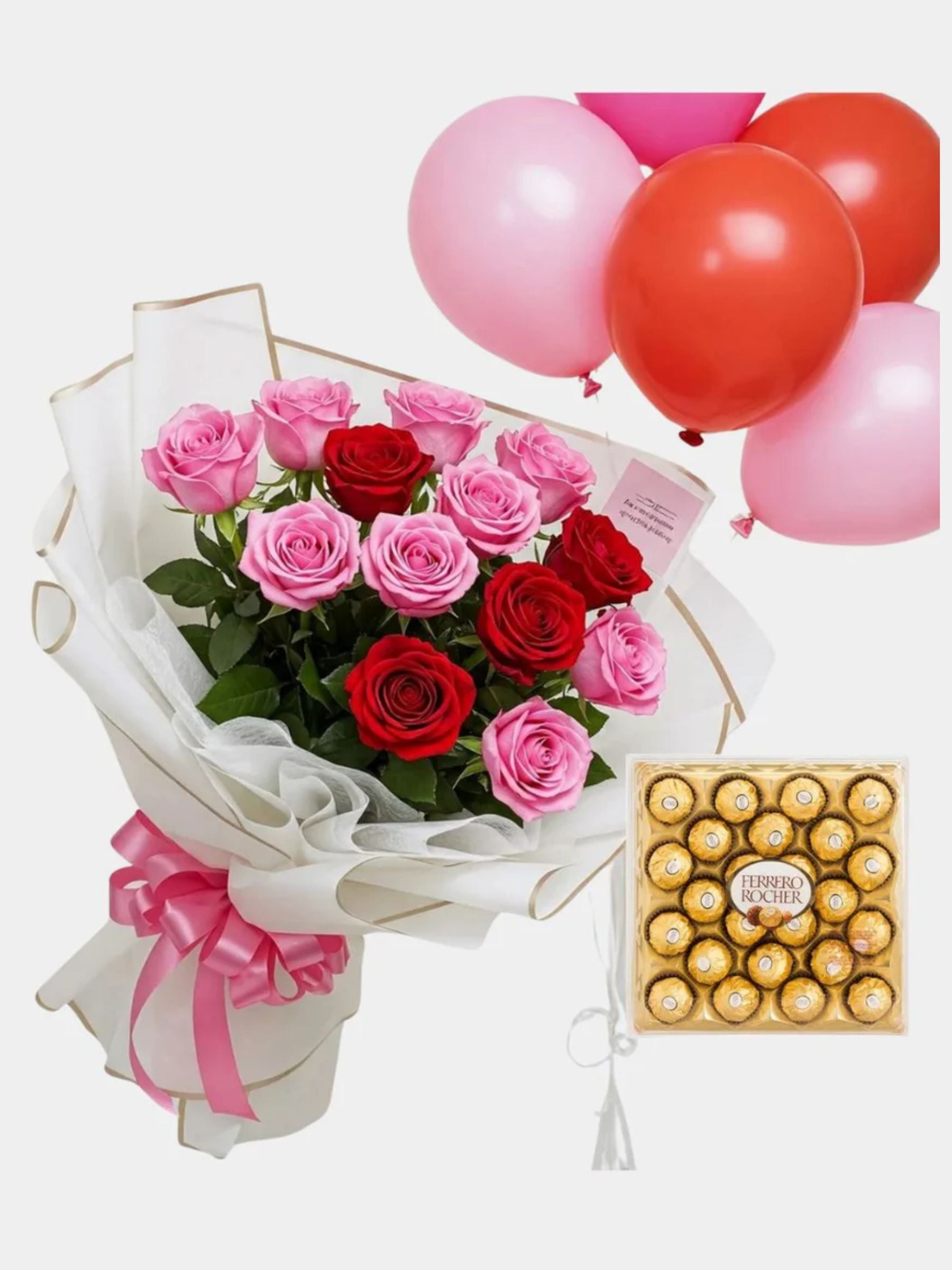 Sweet Surprise – Pink & Red Roses with Ferrero & Balloons